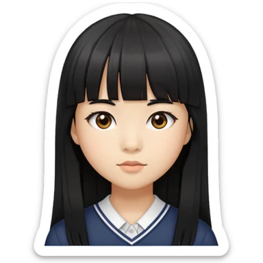 schoolgirl with Asian skin tone, long black hair, and straight cut bangs sticker