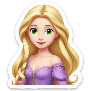 Cinematic Realistic Rapunzel Portrait, with porcelain-like skin featuring a subtle, natural glow, illuminated by soft lighting that brings out the gentle contours of her face. Her long, golden blonde hair cascades in detailed waves, each strand highlighted with a radiant shimmer as it catches the light. Her bright, expressive green eyes exude curiosity and warmth, framed by delicate lashes and soft, arched brows. Her expression is playful and vibrant, with a gentle smile. She is dressed in her classic lavender and pink gown, the fabric textured with delicate folds that flow naturally, catching the light with a soft, radiant glow. The portrait captures a luminous, enchanting aura, seamlessly blending realism with a whimsical, fairytale charm, evoking a timeless sense of beauty and magic. sticker