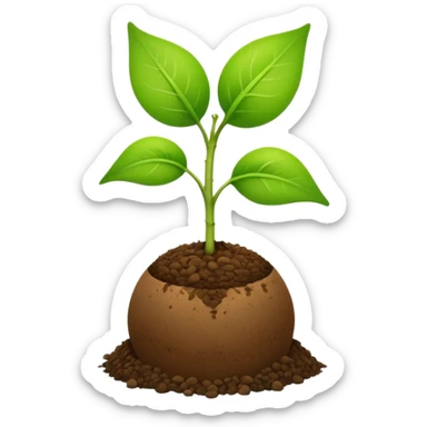 Apple-style emoji of a green sprout with two leaves and a thin stem, growing from a round brown soil ball on a light cream background sticker
