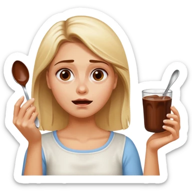 Nutella with a spoon. The glas of Nutella is almost empty . Only the one carriage of Nutella. Next to the Nutella is the head of a blond woman who is desperate to eat the Nutella  sticker