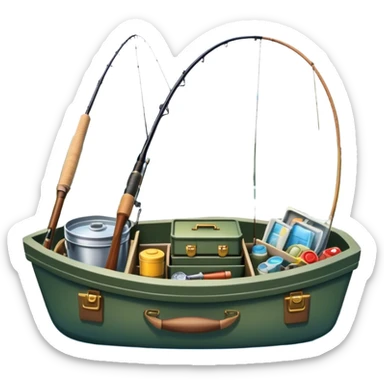Icon for Fishing: a boat on the shore of a peaceful water body with a beautiful natural landscape, a fishing tackle box, a spinning rod. The icon should capture the tranquility and gear of a fishing adventure. Without frame. Transparent background. sticker