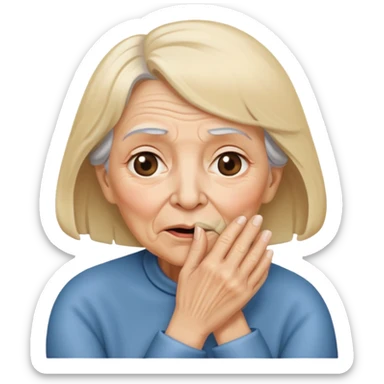 old woman with semi blond hair with hand that close mouth sticker