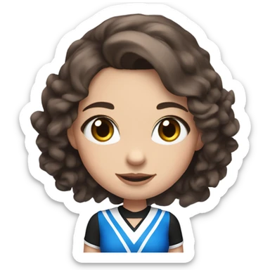 Girl with brown shoulder length hair and blue eyes in a red black and white cheer outfit with alpha written across the top  sticker