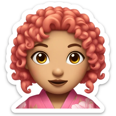 a demon girl with curly black orange hair and pink eyes with a pink kimono a bamboo in her mouth  sticker