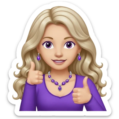 lady with long wavy русые hair, purple top, коричневыми eyes, thumbs up, с бусами белые и серебром на шее sticker