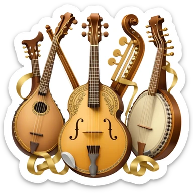 Create a grand, heraldic-style emoji collage representing plucked string instruments. The design should resemble a majestic emblem, featuring a collection of iconic instruments such as a banjo, mandolin, domra, sitar, and other plucked string instruments. Arrange the instruments symmetrically, with their necks and strings intertwining gracefully like a coat of arms. A flowing ribbon of musical notes should elegantly weave through the instruments, creating a sense of harmony and movement. The emblem should have a luxurious, golden and bronze color palette with intricate decorative elements, adding depth and a professional touch. Subtle lighting effects should highlight the polished wood and metal strings of the instruments. The background should be transparent, making the design adaptable for various uses sticker