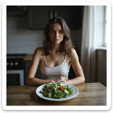 realistic style adult thin woman sitting in front of a plate with only some salad, empty gaze, kitchen environment, atmosphere of deprivation sticker