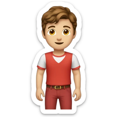 A boy with brown hair wearing a red shirt and red pants sticker