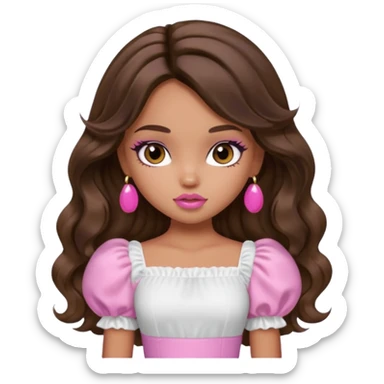 generate a pretty bratz girl with dark brown eyes in a white puff sleeve top. Pink lipgloss. Brown wavy hair long.  sticker