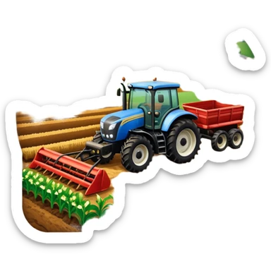 An icon representing a farming simulator, with a detailed tractor plowing fields under a bright sky with rural landscape. The design includes farming tools, crops and barns, symbolizing the immersive experience of managing a farm. Transparent background. sticker