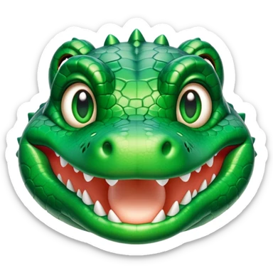 Cinematic Cute Crocodile Portrait Emoji, Head tilted playfully and inquisitively, featuring a smooth, glossy emerald-green hide with subtle textured scales and round, sparkling eyes filled with curious mischief, Simplified yet irresistibly adorable features, highly detailed, glowing with a warm, friendly glow, high shine, affectionate and surprisingly charming, stylized with a touch of wild whimsy, bright and endearing, soft glowing outline, capturing the essence of a mischievous yet lovable crocodile, so playful it feels like it could snap out of the screen into your arms! sticker