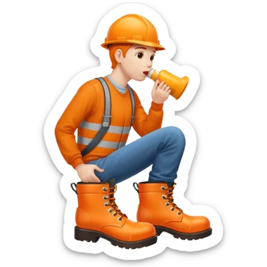 Person licking a large orange work boot sticker