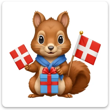 a squirrel holding a present and a Swiss flag, both objects clearly visible, simple white background sticker