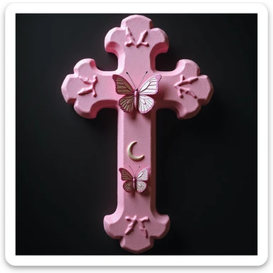 realistic gothic cross, pink with butterfly accents and a crescent moon, photorealistic style, no background sticker