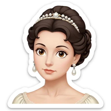middle old lady with dark brown hair, styled in an elegant Regency-era updo, Soft brown eyes, kind but firm gaze, Wears delicate pearl earrings, sticker