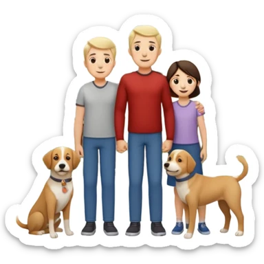 1 Father 1 Mother and 1 young boy who is half as tall as the parents, standing in front of their house with a dog next to them. Everyone should look VERY happy. There MUST be a house behind them with trees and plants sticker
