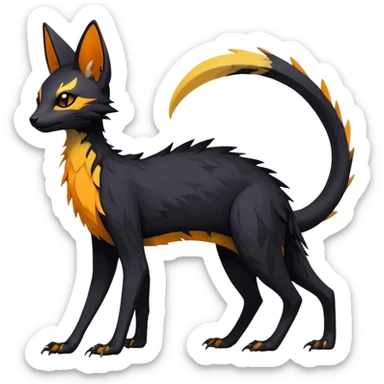 Rare realistic exotic edgy dark gothic gloomy spooky black and orange/yellow epic pretty beautiful handsome gorgeous aesthetic colorful vibrant Vernid-Trico-species-Fakemon-creature by LiLaiRa, 4 legs, 1 tail, random markings, (full body) sticker