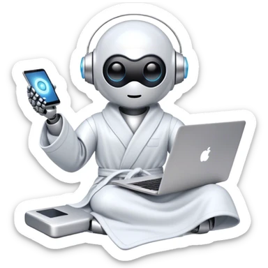 Emoji of a remote-working robot in a cozy smooth bathrobe with a laptop. The robot has a sleek helmet-like head with LED digital eyes. Relaxed yet high-tech vibe. sticker