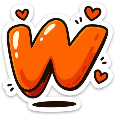 juicy vibrant Wattpad logo 'w' in cartoon style with thick contour strong shadows shiny highlights decorated with a few cute hearts no background sticker