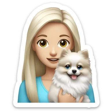 White Brunette girl with blue eyes  holding   white pomeranian  sticker
