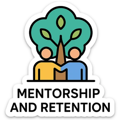 mentorship and retention icon, abstract tree with two figures under it, representing growth and support, minimal, corporate style sticker