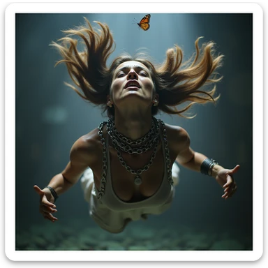 A hyperrealistic 4K image of a woman suspended in zero gravity with hair swirling frantically, chains of anxiety wrapped around her neck and torso, face showing fear and distress, butterflies struggling to break free, sharp light and shadow, palpable anxiety. sticker