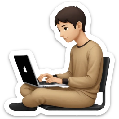 Minimalistic flat vector icon, iOS style, thin black contour on white background. Person silhouette sitting with a laptop, code brackets <> on the screen. Clean, no te sticker