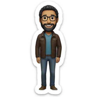 a brown man with a long beard, wearing glasses, jacket and a smile on his face. full body image black hair sticker