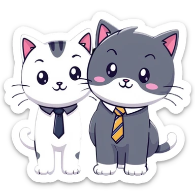 happy girl cat with eyelashes wearing a cute necktie, and happy boy cat wearing a professional necktie, standing together sticker