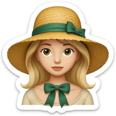 light beige women's straw hat with large brim and dark green bow sticker