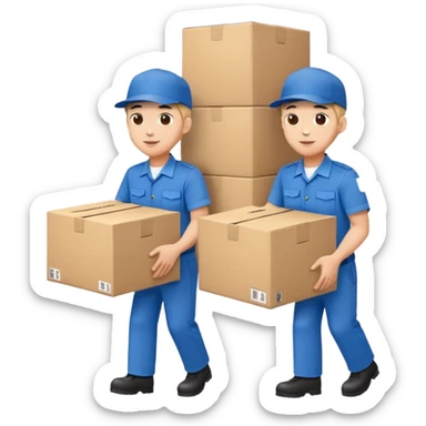 two workers in blue uniforms and hat caps carrying a large box sticker