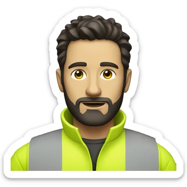 man with dark hair and beard and yellow hi vis jacket sticker