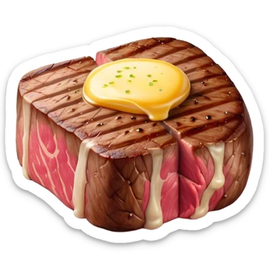 Cinematic thick-cut steak, perfectly seared with grill marks, a juicy pink center, butter melting on top, rich and savory, warm glow, sizzling and mouthwatering, highly detailed and appetizing. sticker
