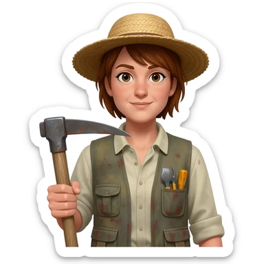 archaeologist with hat, vest, and mattock on her hand sticker