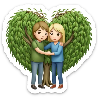 heart-shaped weeping willow tree with two people inside giving each other a supportive, caring hug, like close friends comforting each other, with a small heart above them sticker