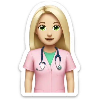 pale blonde girl with long hair and green eyes wearing pink scrubs and stethoscope  sticker