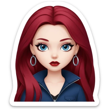 pale skin, girly bratz baddie, beautiful dark blue eyes, sharp black eyeliner, long dark red hair sticker