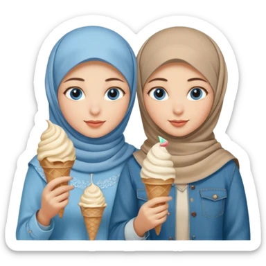 Turkish beautiful finish Konya two girls blue eyes with beige denim hijab islamic dress and had on her hand ice cream sticker