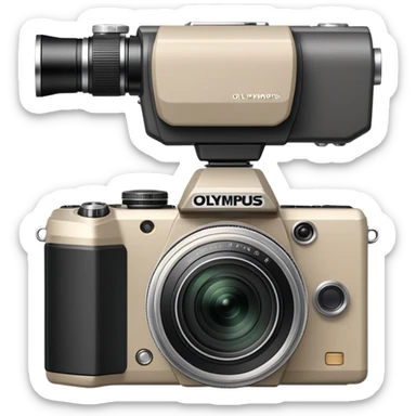 Extremely minimal Olympus Superzoom 70G camera from front view, grayish-beige color, simplified to basic geometric shapes, just hint of lens and minimal details sticker
