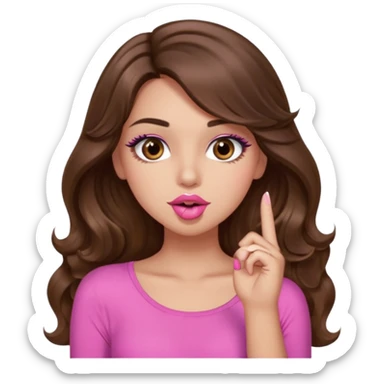 girl with long wavy brown hair, brown eyes, light to medium complexion, in a pink sexy top, pink lips, long lashes, shushing with one finger on the lips sticker
