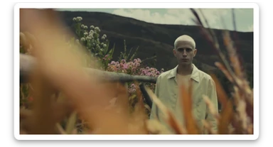 A portrait of a white person in the foreground, blurred plants in the foreground, a wooden fence and colorfull flowers in the midground, rolling hills in the background, cinematic depth of field, layered composition, natural lighting sticker