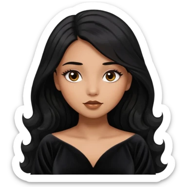 She has round head with oversized glossy eyes that dominate her face, giving her a dreamy expression. Her eyes are a warm brown with long lashes. She has light brown skin. Long jet black hair. She’s wearing a dark dress sticker