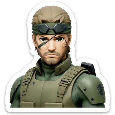 Cinematic Realistic Metal Gear Solid Snake Soldier Portrait, depicted with steely determination and tactical precision. Clad in intricately detailed combat attire in consistent muted greens, browns, and blacks, his rugged, weathered features and piercing eyes exude relentless resolve. Rendered with lifelike texture and dramatic, natural lighting, high shine, noble and stealthy, capturing the essence of a legendary soldier operating in the shadows. sticker