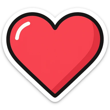 red heart icon with glossy finish, black outline, modern color icon style sticker