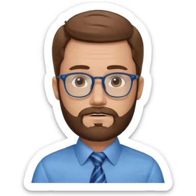white-man-businessman-with-beard, brown hair, glasses, blue shirt, tie sticker