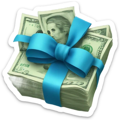 a bundle of money tied with a blue bow sticker