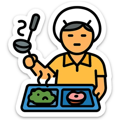 lunch lady serving unappetizing, gross cafeteria food icon with color and black outlines sticker