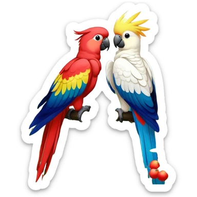 Close-up of colorful parrots Ara and Cockatoo Inca perched on tree branches, surrounded by lush greenery. Bright, vivid feathers contrast with the natural background of trees, leaves, fruits. Soft natural light, enhancing vibrant colors. Transparent background. sticker