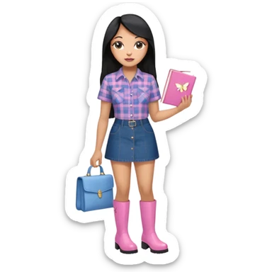 A plus-size light-skinned Black woman is wearing makeup. She has long, straight, waist-length black hair and is wearing a short-sleeved flannel shirt with a pink butterfly print, a denim miniskirt, and pink boots. She is standing and holding a book with her forearm raised. sticker