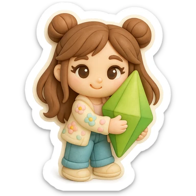 3D chibi fondant cake art style, high-quality rendering with smooth shadows and soft gradients. Girl with long brown hair in two space buns, brown eyes, jeans, pastel floral cardigan, thick white outline like a sticker, transparent background. Flirty, holding and hugging a Plumbob, preserve facial features from reference image. sticker